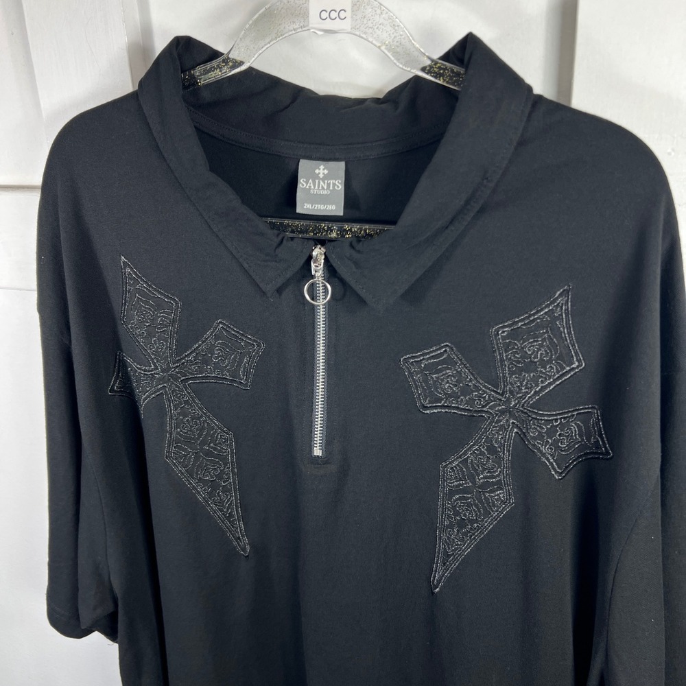 NWT Saints Studio Mens 2XL Black Cross Embroidered Quarter Zip Polo Shirt